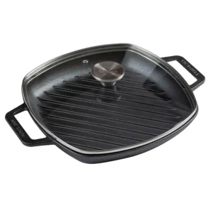 Sartén Victoria de Hierro Fundido 25 cm Grill Cuadrado, Doble Asa Con Tapa de Vidrio