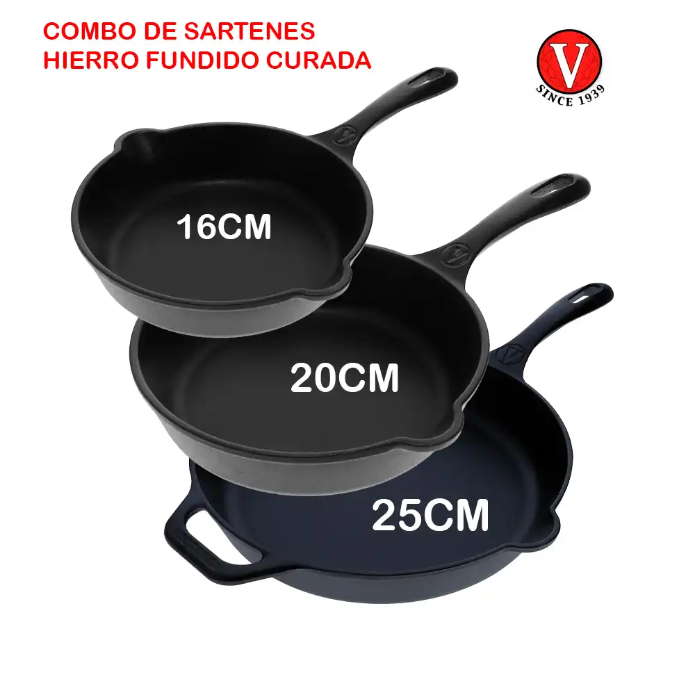 Combo de Sartenes Victoria de Hierro Fundido Curada 16, 20 y 25 cm