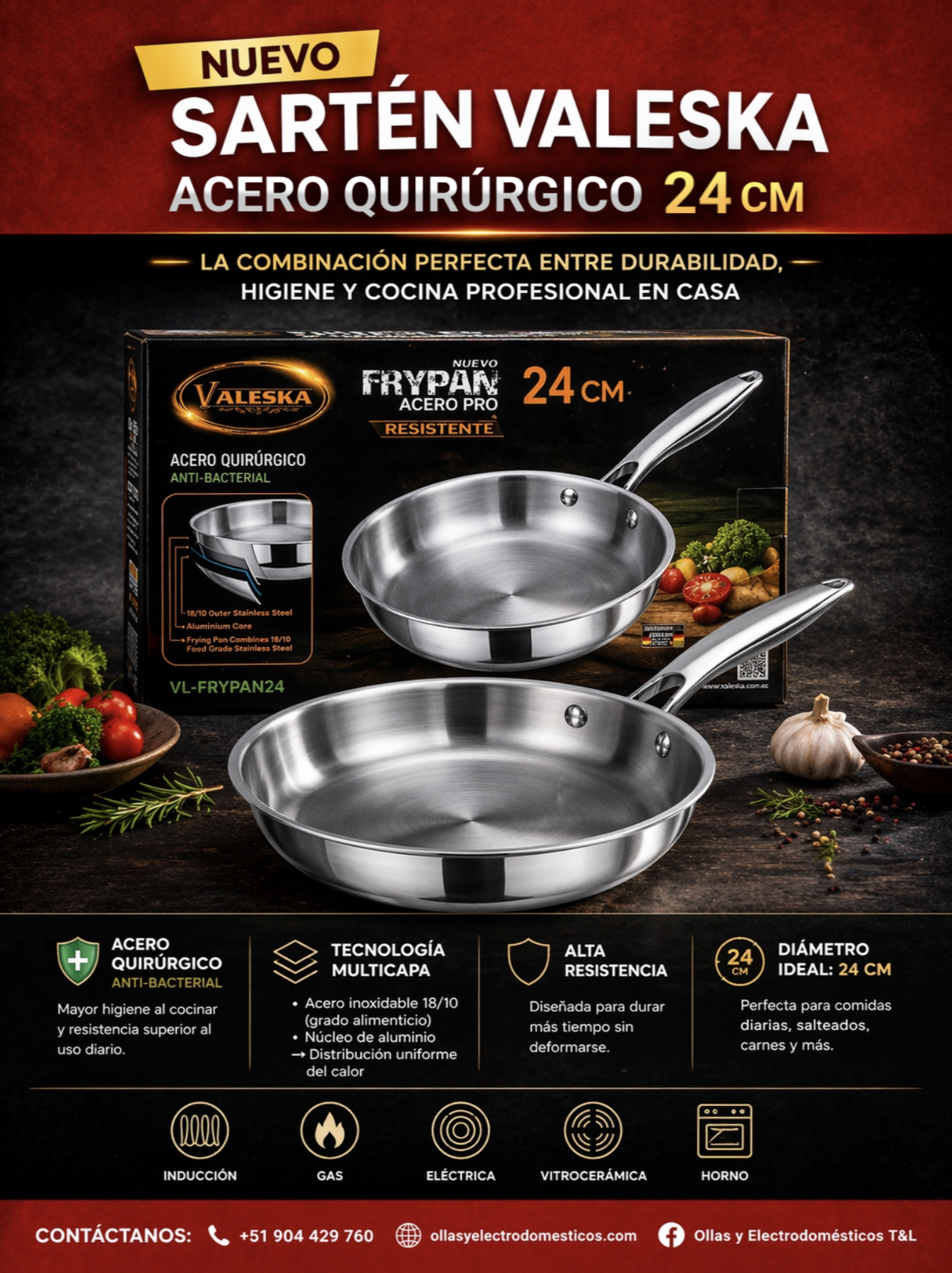 Sartén FRYPAN De 24 Cm VALESKA EN ACERO QUIRURGICO - Imagen 2