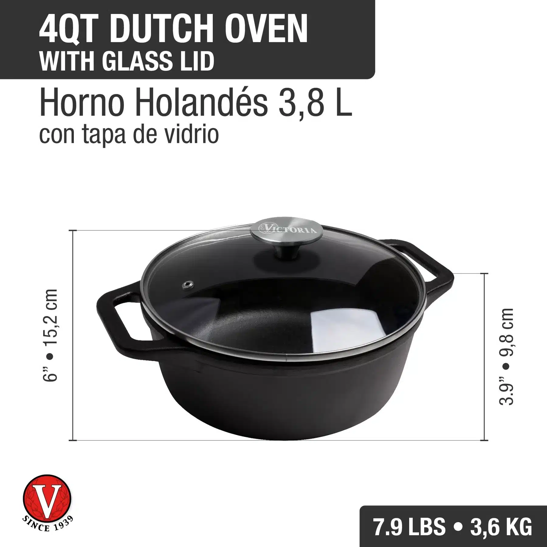 Olla Victoria de 24 cm-3.8LTS Hierro Fundido ESMALTADO con tapa de vidrio - Imagen 3