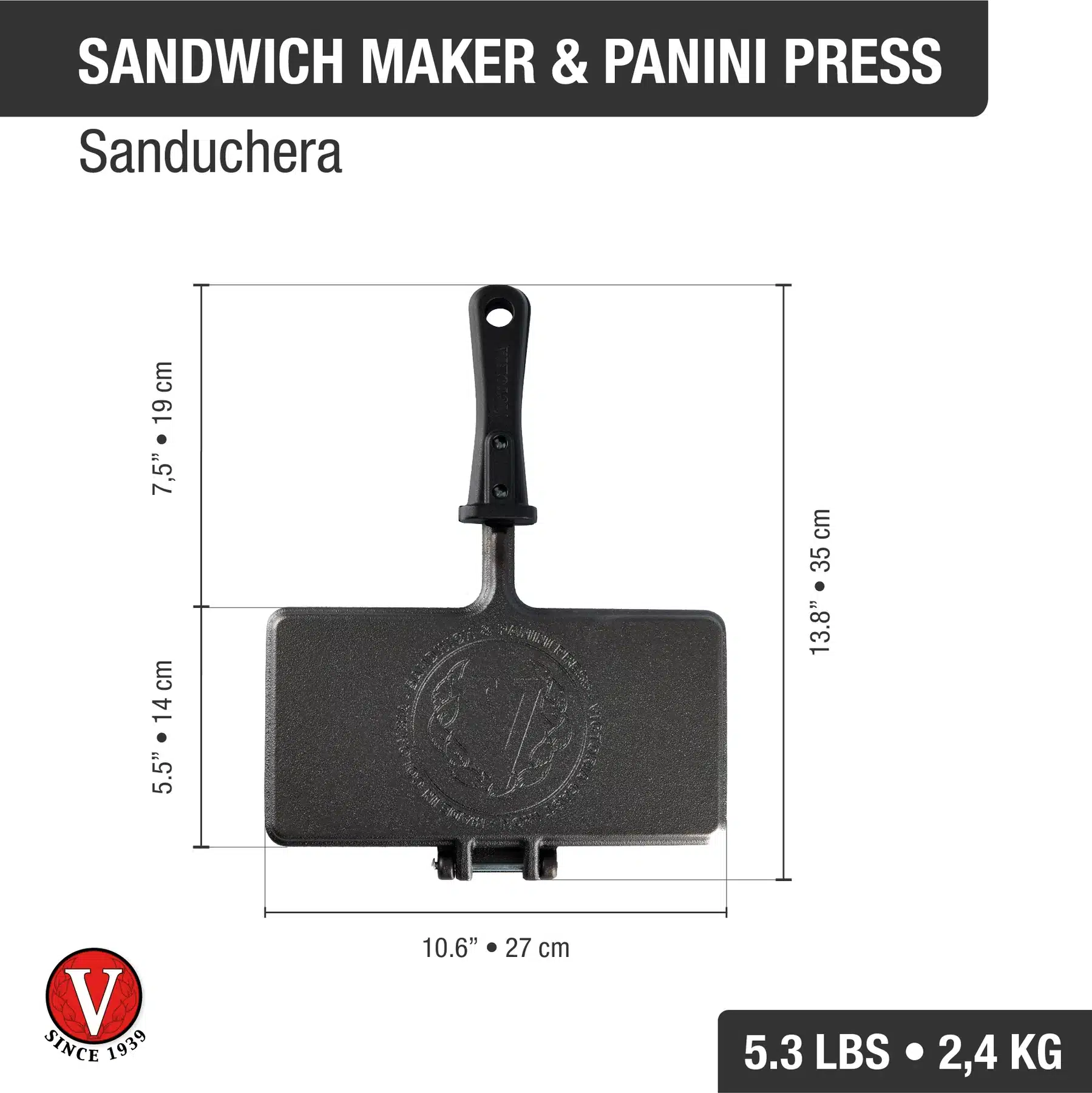 SANDUCHERA GRILL DOBLE DE HIERRO FUNDIDO CURADA VICTORIA 14X27CM - Imagen 3